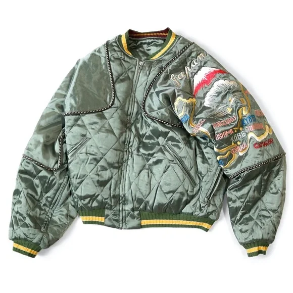 RARE Kapital Rayon Satin Quilting Japan Pillow Bomber Jacket Olive - Picture 4 of 11